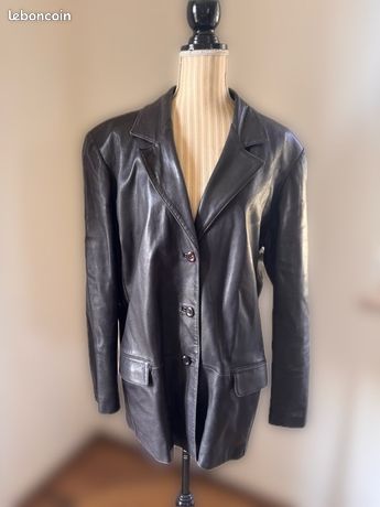 Veste Longue En Cuir Vintage Femme - Années 1990 - Noir, Ceinturée - Occasion