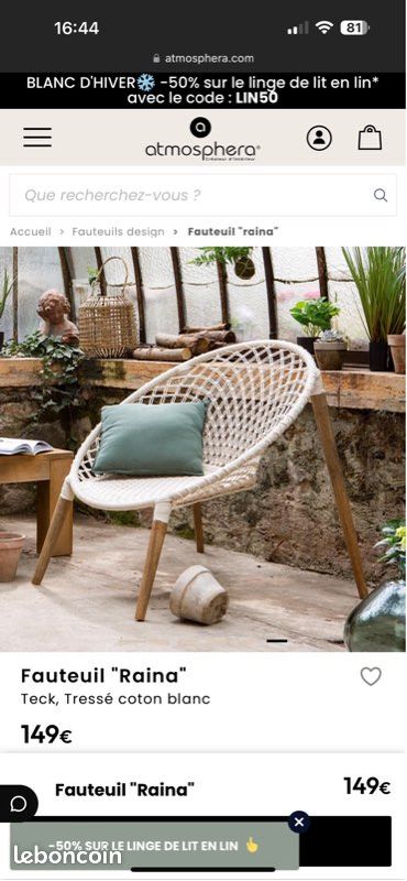 Fauteuil Raina Tressé Blanc - Coton & Teck - Atmosphera