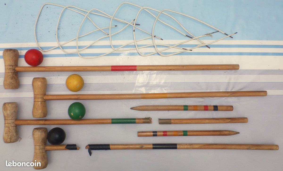 Jeu de croquet en bois ancien pour adulte - maillet croquet