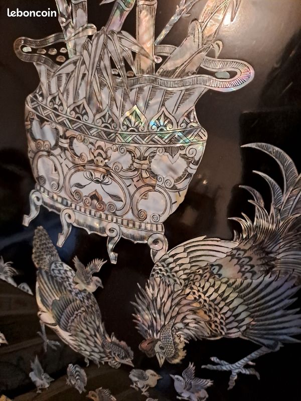 Grand panneau de Laque Marquetés Instration De Nacre. 80 cm X 40 cm. Poule et coq. Chine (image 10)