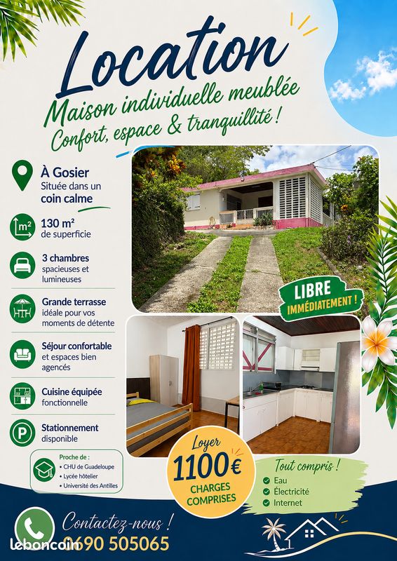 Maison 5 pièces 130 m² · à Le Gosier · 130 m² · 1 100 €/mois