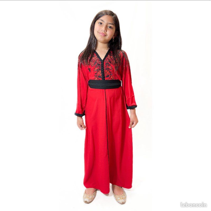 Caftan Marocain Velours Enfant Fille 12-13 Ans Rouge - Ensemble 2 Pièces Avec Ceinture