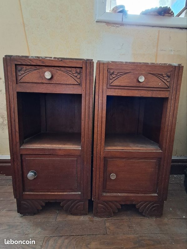 Lot de 2 chevets Art Déco chêne massif + dessus marbre - années 30 (image 1)