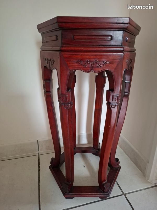 Sellette Guéridon Bois Exotique Et Marbre Blanc - Pieds Sculptés - Très Bon État
