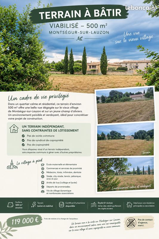 Terrain 500 m² · à Montségur-sur-Lauzon · 119 000 €
