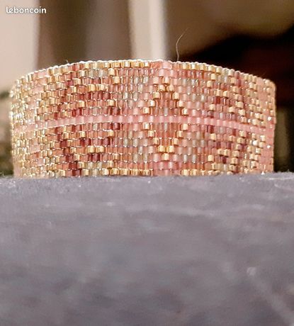 Bracelet Perles Japonaises Miyuki Tissées Sur Cordon - Rouge, Beige, Doré - Neuf Sans Emballage