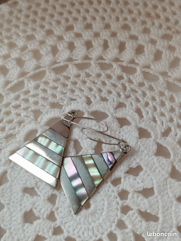 Boucles D'oreilles Clips Argent Massif Mexico Nacrée - Vintage Parfait état