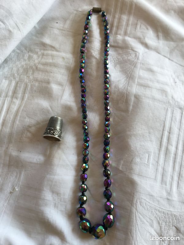 Collier Vintage Années 50/60 - 2 Rangs De Perles Murano Peintes Effet Aurore Boréale