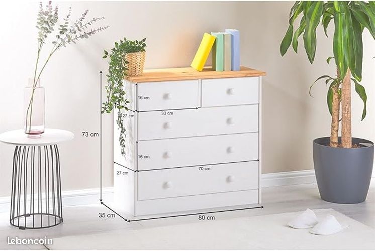 Commode de Chambre en Pin Massif – 5 Tiroirs de Rangement – Finition Bicolore Blanc & Brun Lasuré – Style Authentique et Robuste (image 2)