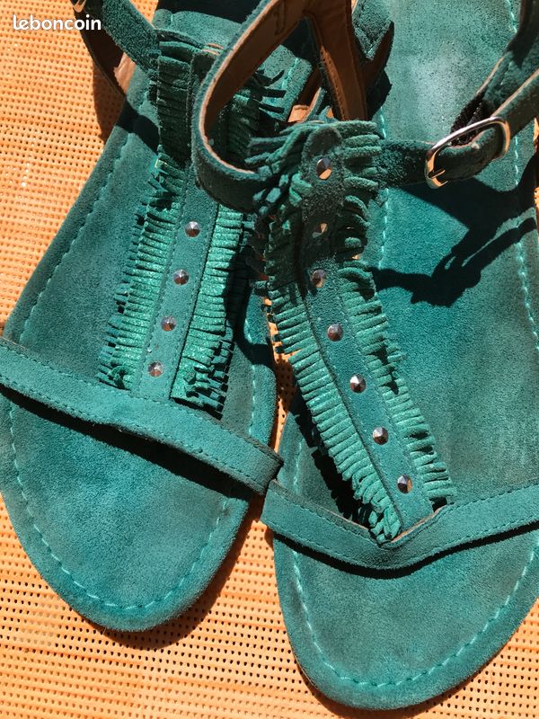 Sandales plates cuir dain turquoise T37 (image 2)