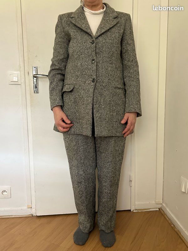 Ensemble tailleur pantalon vintage chic en laine mélangée gris (image 3)