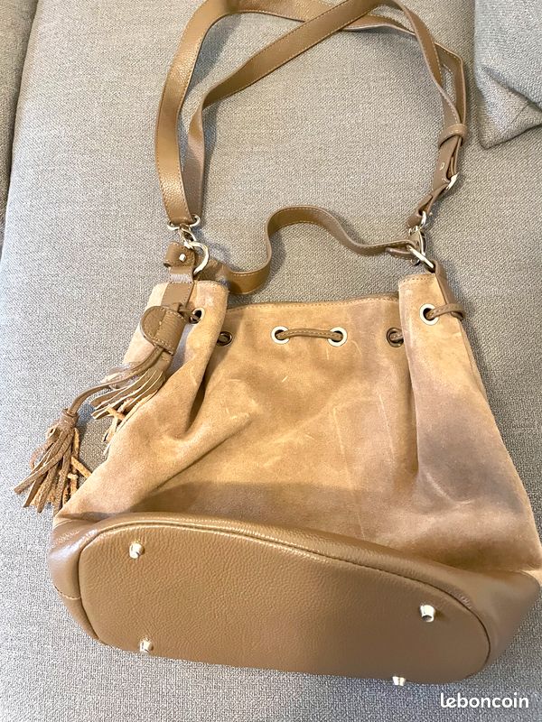 Sac à main seau femme Cyrillus cuir daim beige (image 1)