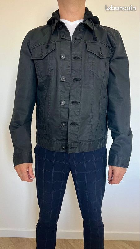 Blouson denim toile enduite noir Guess Taille L avec capuche (image 4)