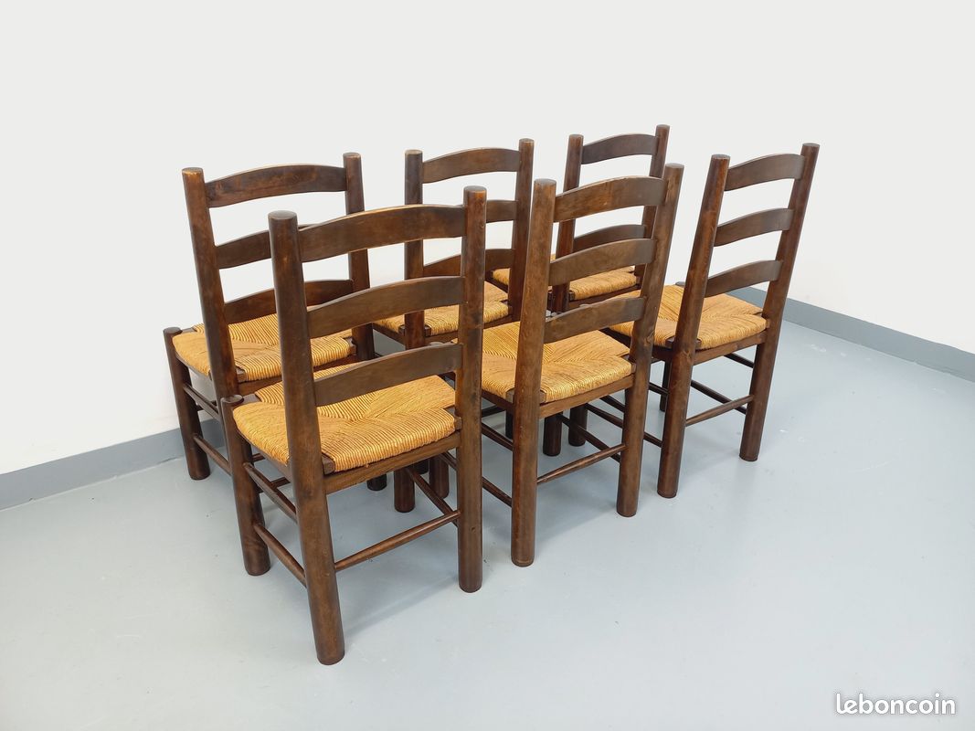 Suite de 6 chaises brutalistes vintage Georges Robert en bois et paille des années 50 60 (image 9)