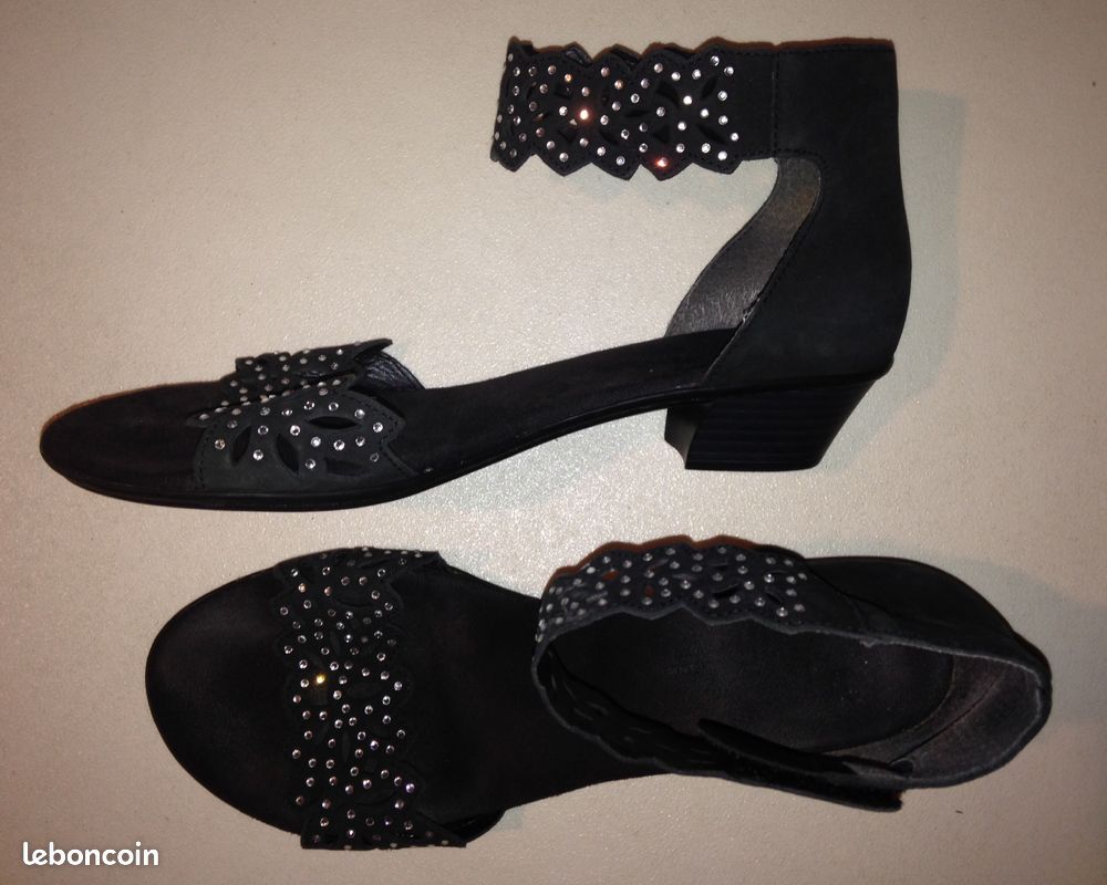 Sandales cuir noir avec strass RIEKER ANTISTRESS (image 1)