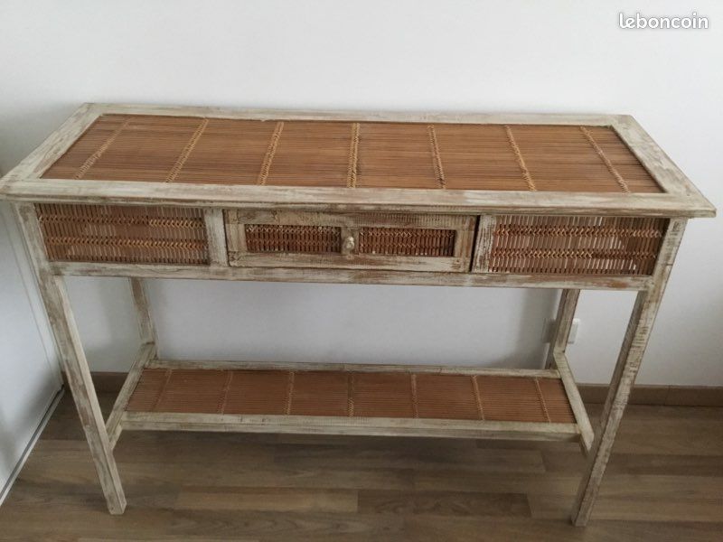 Meuble console style colonial en bois exotique et bambou (image 1)