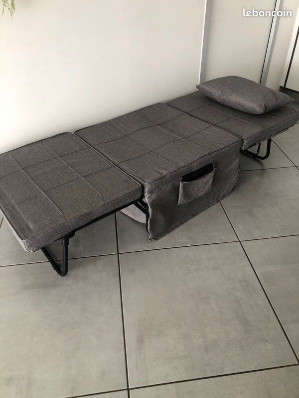 Fauteuil chauffeuse lit convertible dossier inclinable 5 positions 1 place tissus gris (image 2)