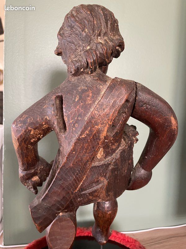 Figur En Bois, Belle, Vieux Putto, Sculpté Et Signé