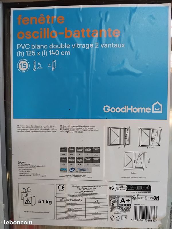 Vente 3 fenêtres oscillo-battantes neuves H 125 X L 140 cm (image 2)