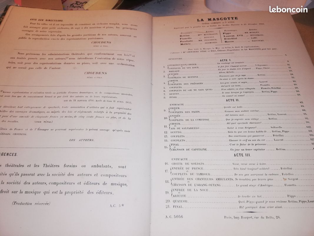 THEATRE DES BOUFFES PARISIENS : LA MASCOTTE opéra comique en 3 actes DURU et CHIVOT musique Ed. AUDRAN (image 3)