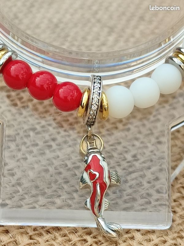 Bracelet JADE ROUGE/AGATE BLANCHE MATE - Carpe Koï - Pierres Naturelles et Breloque S925 (image 7)