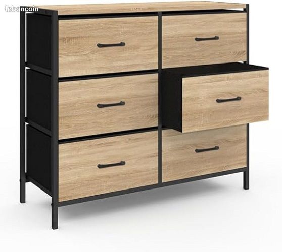 Commode 6 Tiroirs Style Industriel – Meuble de Rangement Bi-Matière – Structure Métal & Tiroirs Tissu Effet Bois – 80 x 30 cm (image 4)