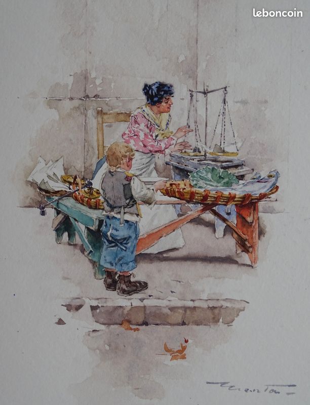 La Pesée primeur marchand petit métier Aquarelle originale vers 1895 dessin ancien 19e J-E MENTA (image 1)