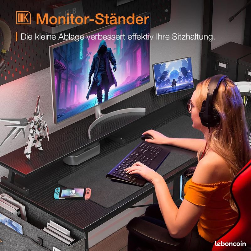 ODK Bureau d'angle Gaming en Forme L avec Port de Charge USB et Prise de Courant, 120*88*80 cm Bureau Angle d'Ordinateur avec Rangement Bureau en Forme de L Informatique avec Support d'écran (Noir) (image 7)