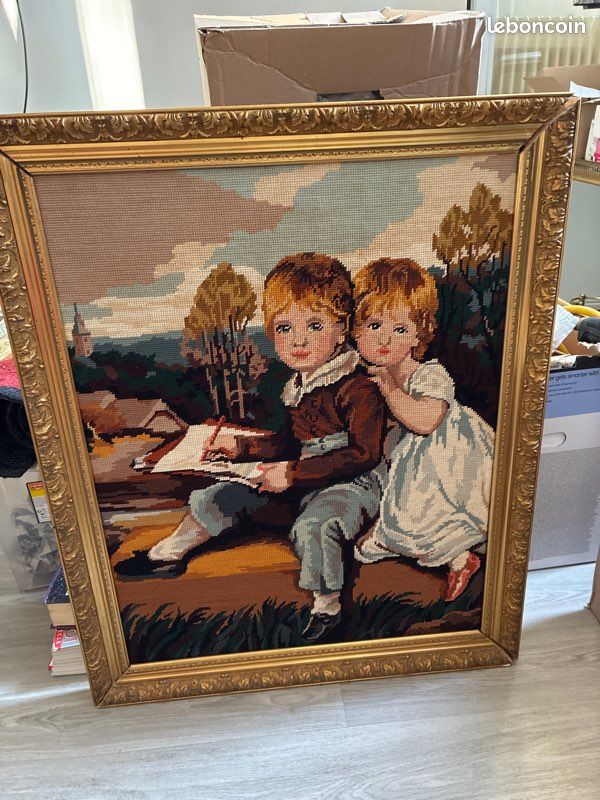 Lot de 3 Grand tableau canevas vintage brodé main – Les enfants dessinateurs, cadre doré (image 1)