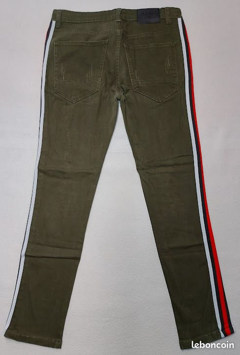 John H Jean Homme Fantaisie Vert Kaki Effiloché Trous Bande