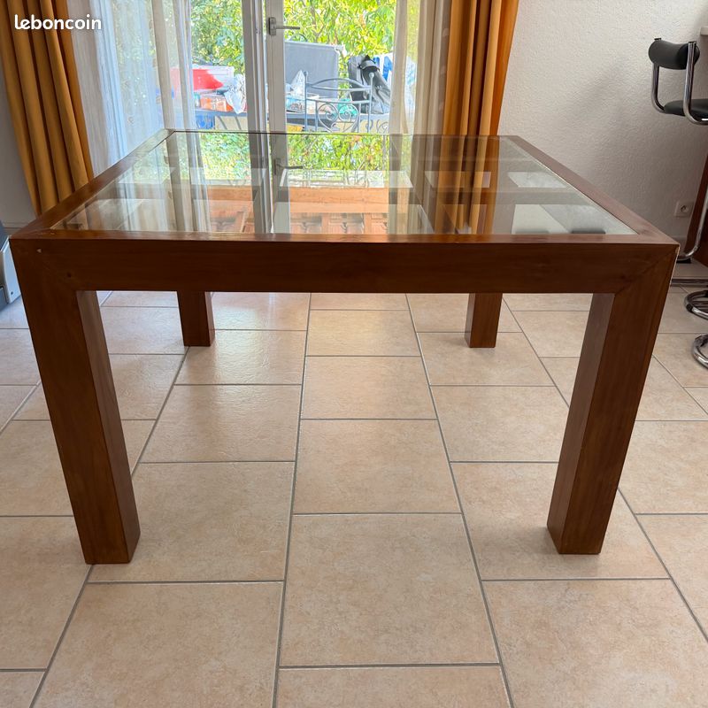 Table carrée salle à manger bois et vitre 120 x 120 cm (image 1)
