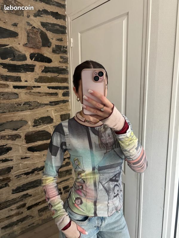 Top mesh Cop Copine manches longues multicolore y2k imprimé graphique vintage | Taille S (image 1)