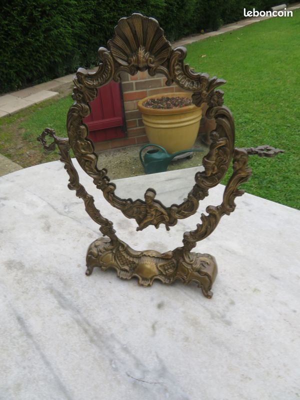 VINTAGE - Ancien Psyché/miroir a poser en bronze de style Louis XV à décor de Rocaille, Arabesque & Putto - FRANCE (Fin XIXé) (image 4)