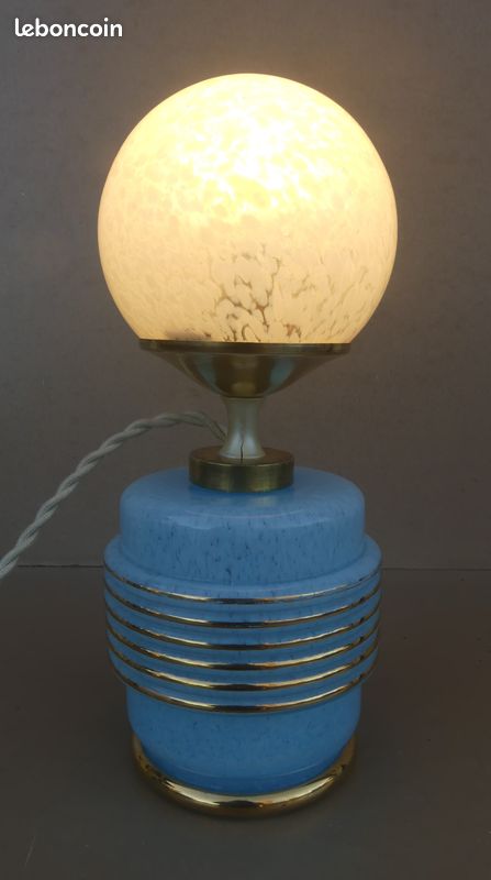 Lampe verre de Clichy bleu & boule blanche de bureau vintage luminaire ancien (image 1)