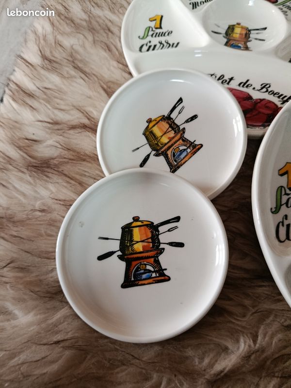 Superbe Plat à Fondue En émail Vintage AUBECQ Avec Assiettes Gien - Parfait état