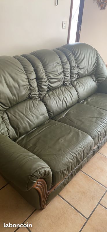 Canapé + fauteuil en cuir vert sapin (image 1)
