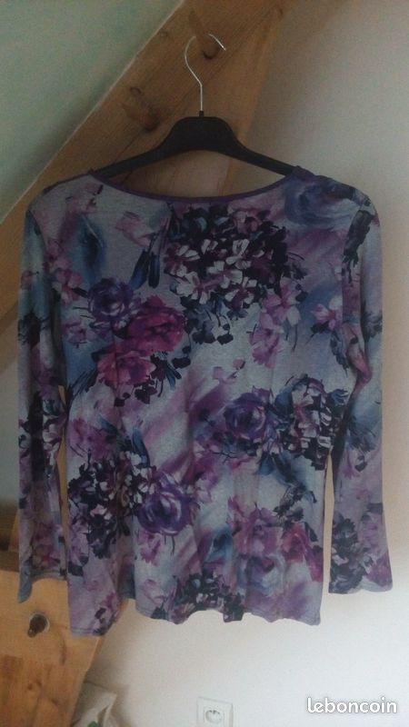 Tunique Courte Femme Afibel - Taille 50/52, Viscose, Motif Floral Crème Et Bleu Marine - Parfait état