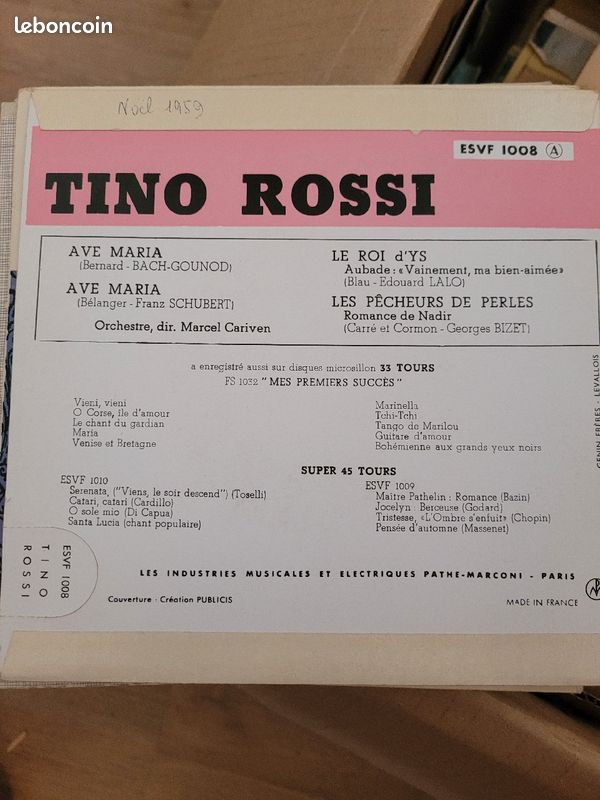 Vinyl 45 tours: Ave Maria Tino Rossi (image 2)