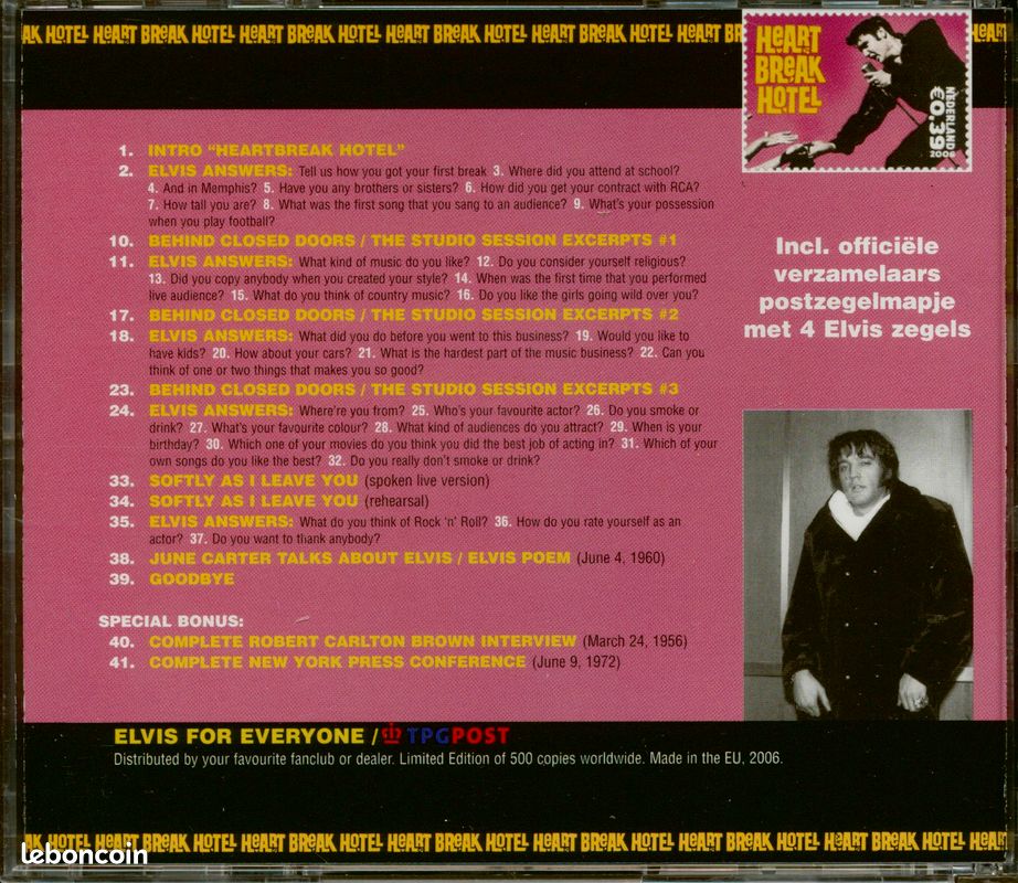Elvis presley heartbreak hotel collector edition + planche 4 timbres tpgpost juin 2006 edition limitee 500 ex 41 titres disc original soundboard recording neuf pochette plastique scellée ultra rare (image 5)