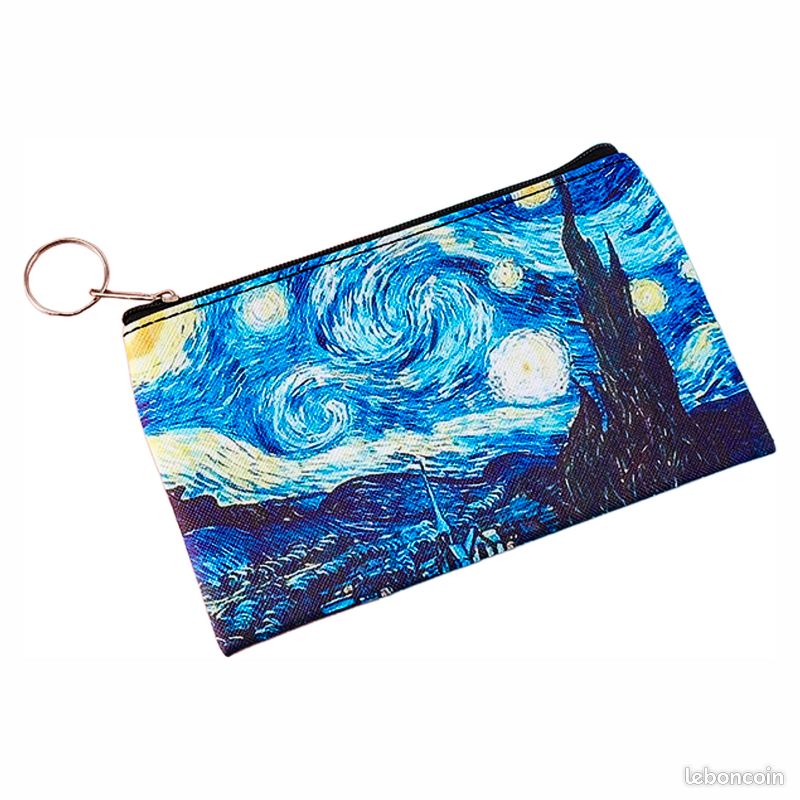 Pochette simili cuir double face, 14x9cm, anneau en métal, doublure intérieure, la nuit étoilée de Van Gogh (image 1)