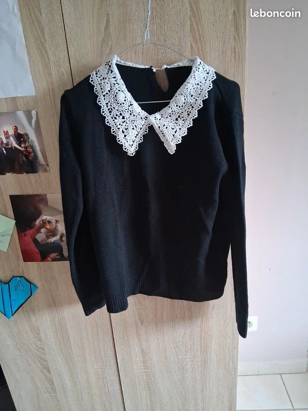 Pull Noir Shein Taille L Avec Broderie Col Victorien - Occasion Très Bon état - Style Décontracté Et Romantique