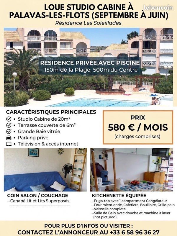 Appartement 1 pièce 20 m² · à Palavas-les-Flots · 20 m² · 580 €/mois