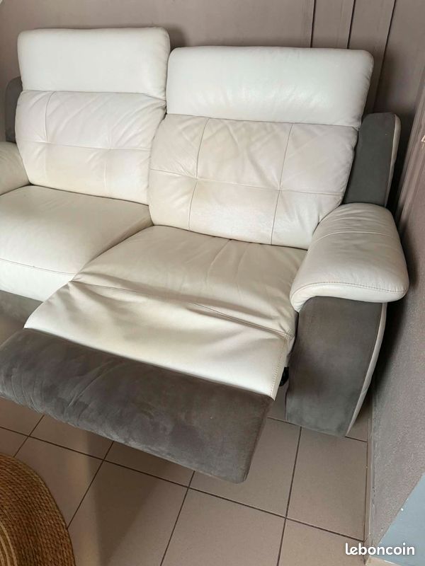 Canapé 2 places relax – cuir blanc / gris (image 2)