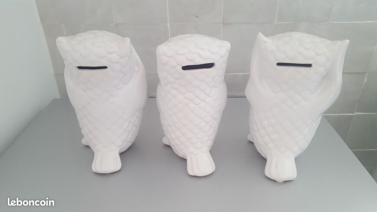 Lot de 3 Hiboux de la Sagesse en céramique blanche (image 2)