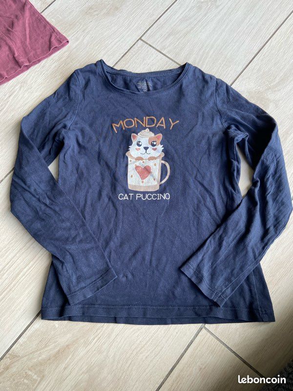 T-shirt Chaton Orange Fluo - Fille 8 Ans - KIABI - Manches Longues - Coton Doux - Occasion Excellent état