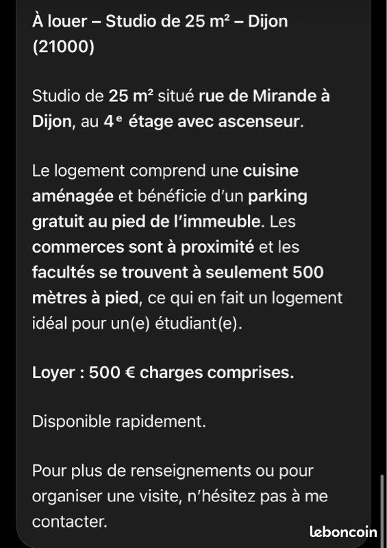Appartement 1 pièce 25 m² · à Dijon · 25 m² · 500 €