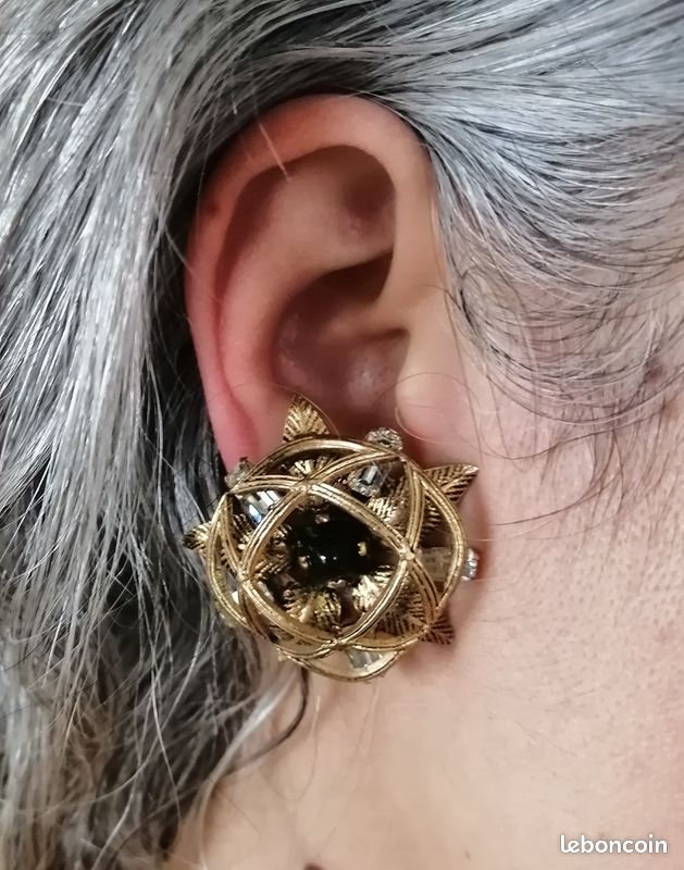 Boucles D'oreilles Vintage Années 60 - Métal Doré, Style Primitif, Bijou Fantaisie Ancien