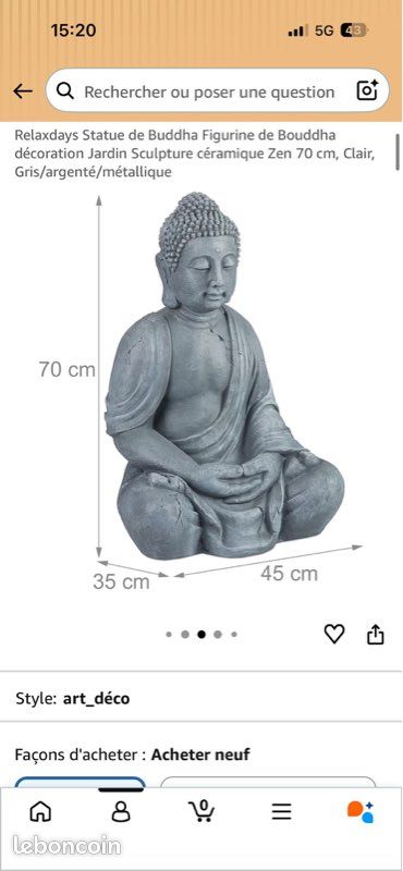 Relaxdays Statue Figurine de Bouddha décoration Jardin Sculpture céramique Zen 60 cmGris Clair60