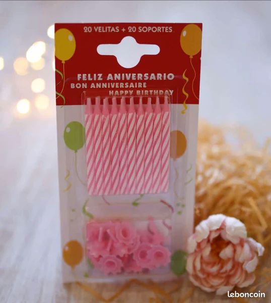 20 Bougies + 20 Support Bougies Gateau Anniversaire Rose/Blanc Roura Neuf - Décoration