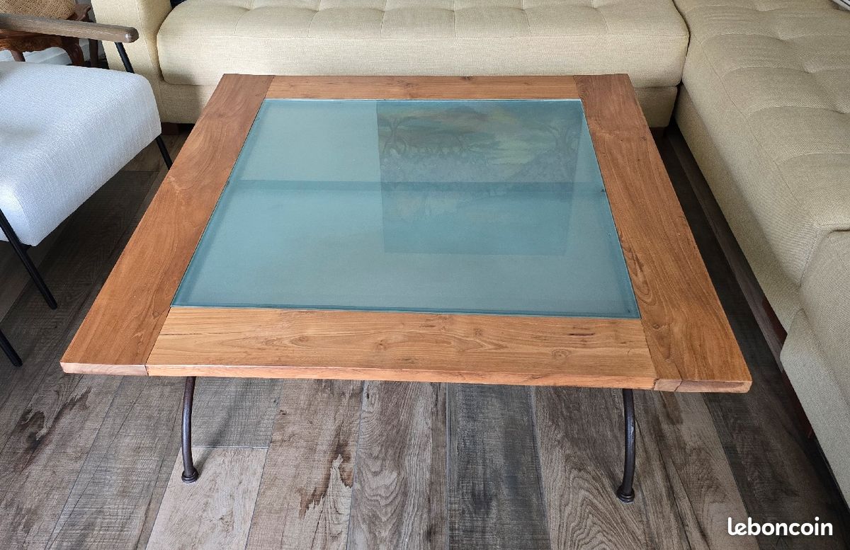 Table basse fer forgé plateau de verre et bois massif (image 6)